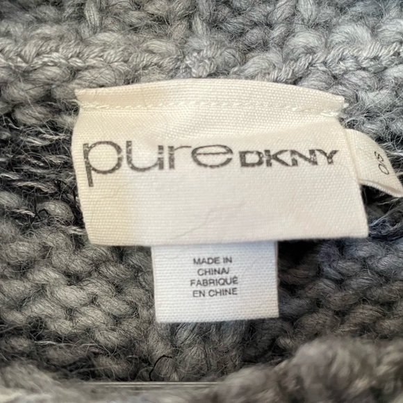 DKNY Pure, wool-alpaca blend knit gray black striped poncho, OS - Picture 4 of 5